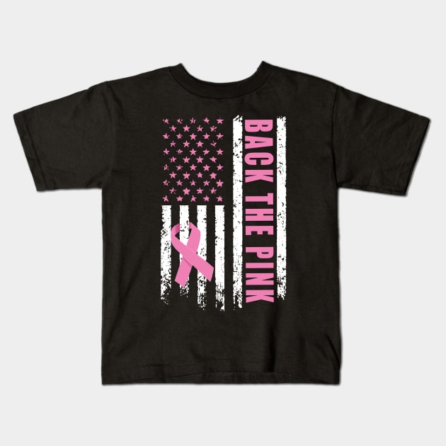 Back The Pink Ribbon American Flag Breast Cancer Awareness Kids T-Shirt by PsychoDynamics